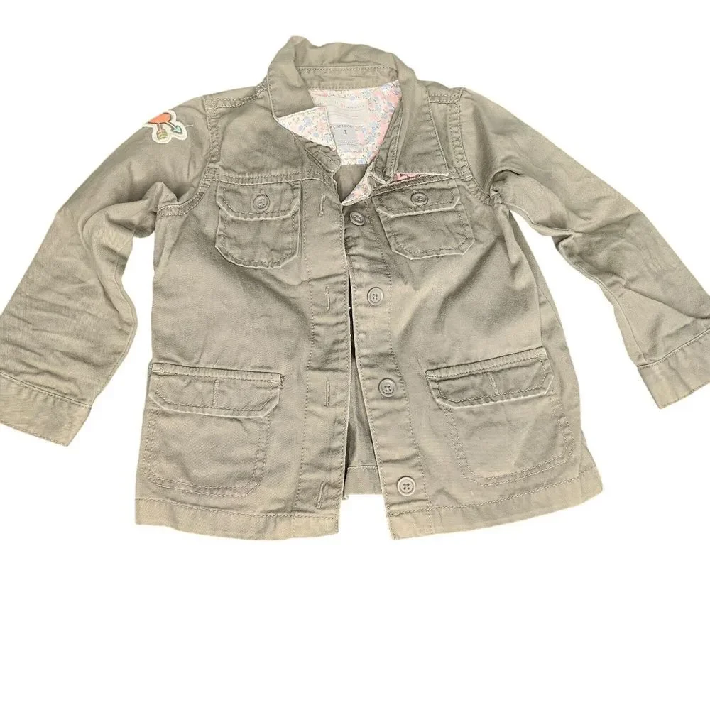 Girls Olive Green Military Style Jacket Size 4 By Carters With Embroidered Patch